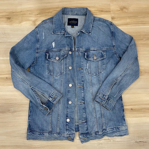Lucky Brand Classic Jean Jacket in Blue Wash Denim Distressed Style Size Small - Picture 4 of 13